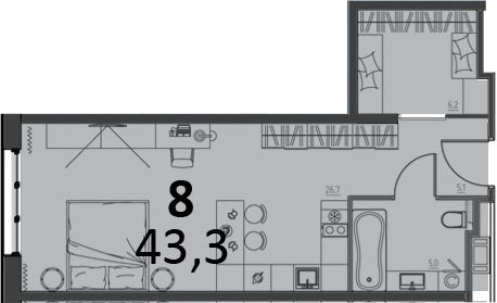 Студия 43.3 м²